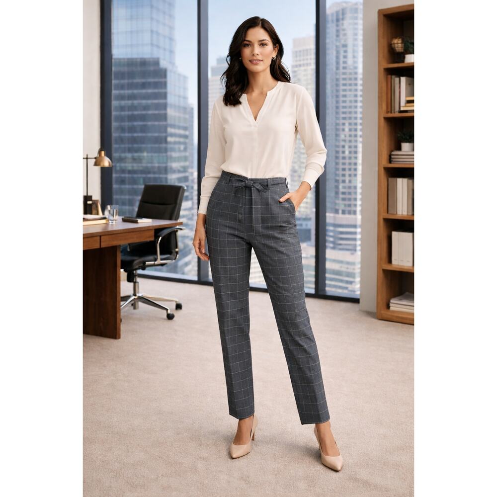 Banana Republic Windowpane Plaid Tie Waist Dress Pants 12L Gray Career Trousers